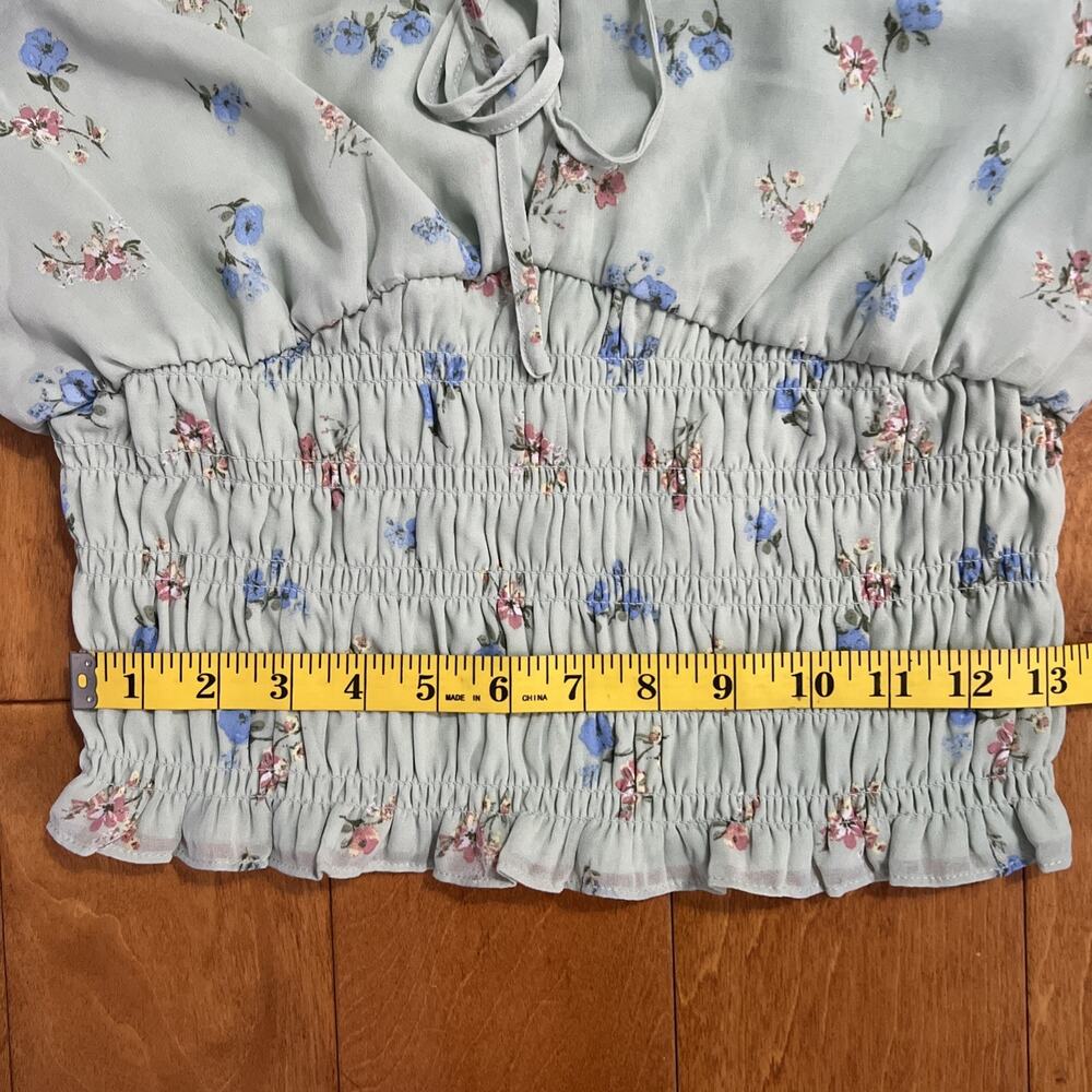 SO Mint Floral Ruched Crop Top Size L Green Cottagecore Puff Sleeve Fairy - Picture 8 of 13